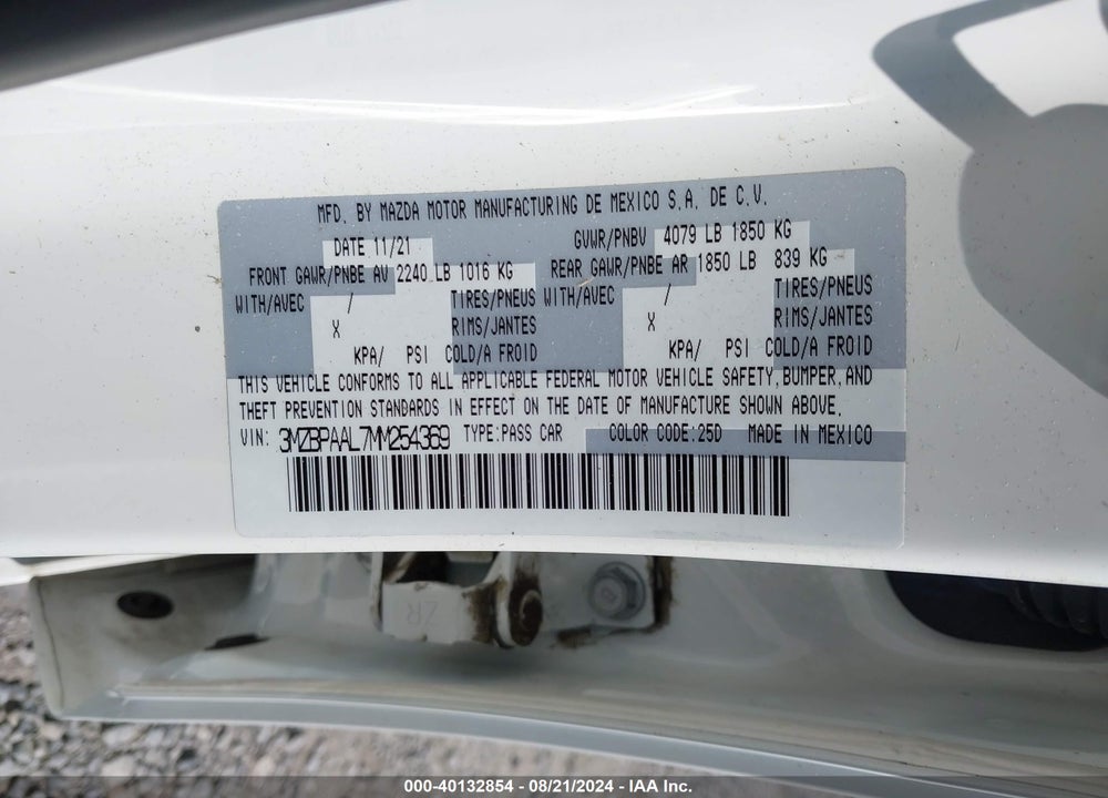 2021 MAZDA 3 2.5 S VIN: 3MZBPAAL7MM254369