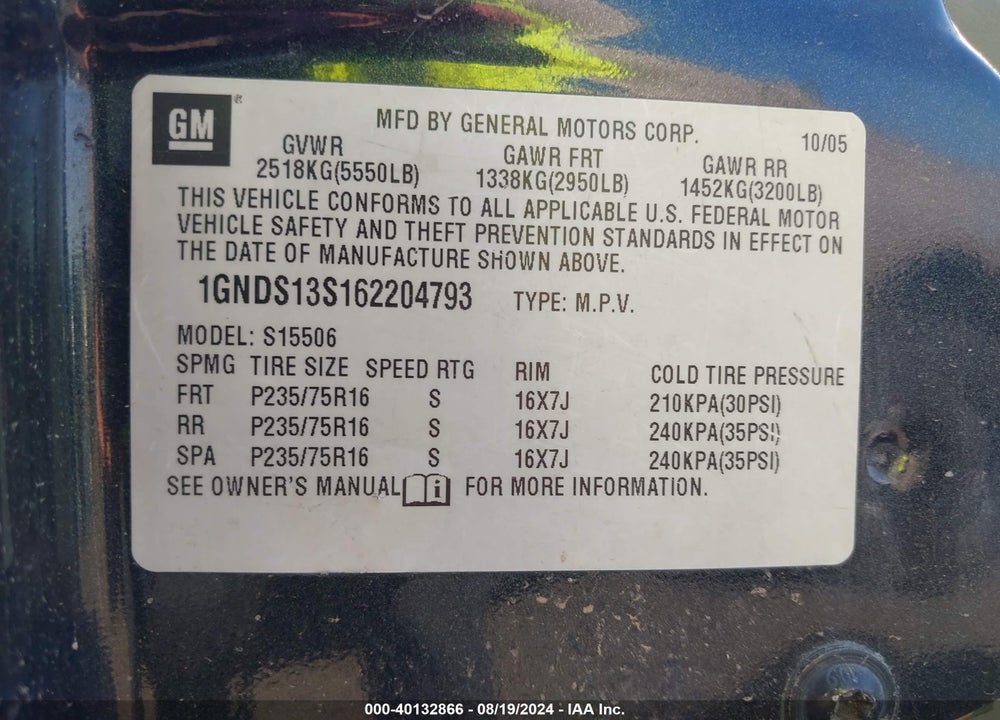 2006 CHEVROLET TRAILBLAZER LS VIN: 1GNDS13S162204793