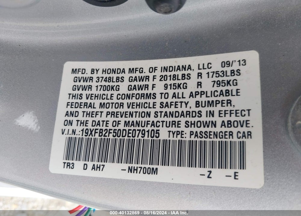 2013 HONDA CIVIC LX VIN: 19XFB2F50DE079105