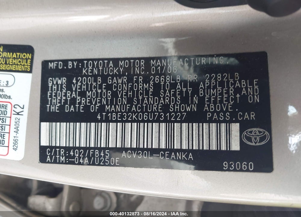 2006 TOYOTA CAMRY LE VIN: 4T1BE32K06U731227