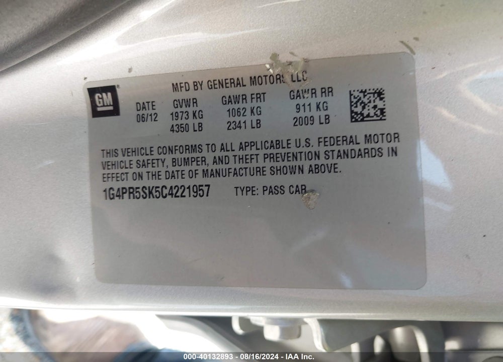 2012 BUICK VERANO CONVENIENCE GROUP VIN: 1G4PR5SK5C4221957