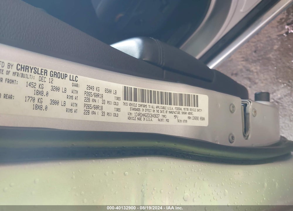 2013 DODGE DURANGO SXT VIN: 1C4RDHAG2DC643637