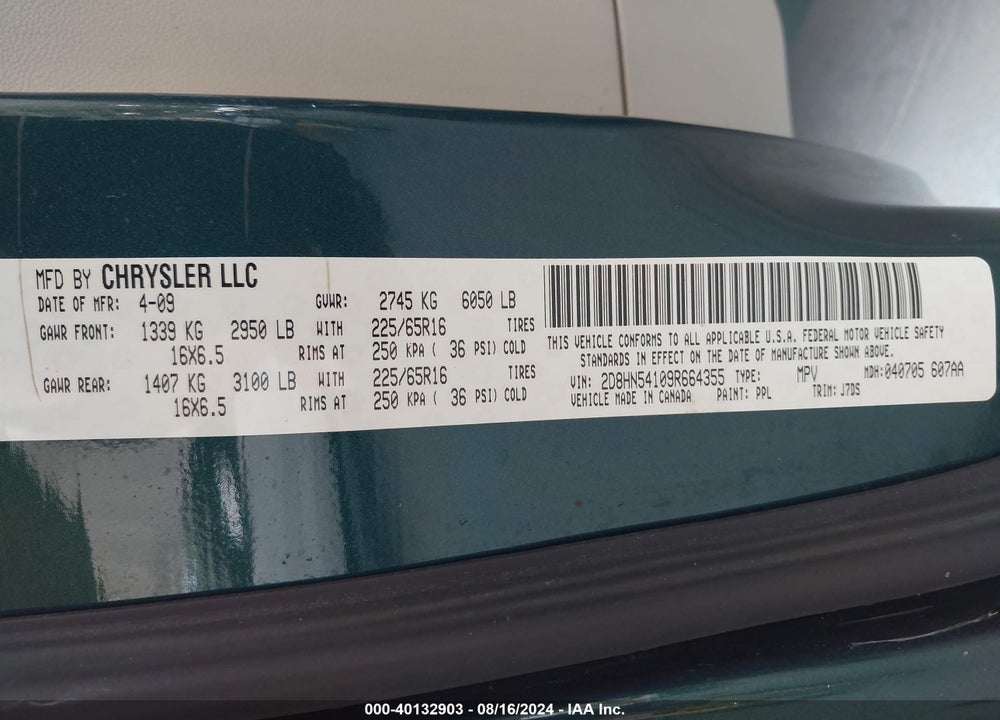 2009 DODGE GRAND CARAVAN SXT VIN: 2D8HN54109R664355