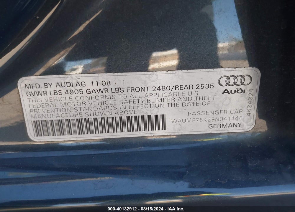 2009 AUDI A4 2.0T PREMIUM VIN: WAUMF78K29N041144
