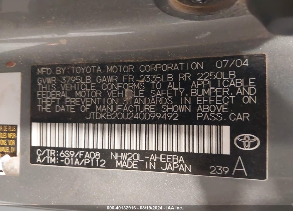 2004 TOYOTA PRIUS VIN: JTDKB20U240099492