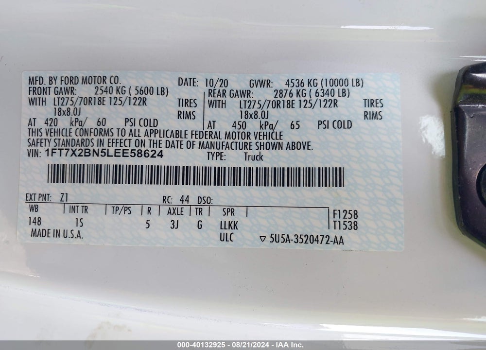 2020 FORD F-250 XL VIN: 1FT7X2BN5LEE58624