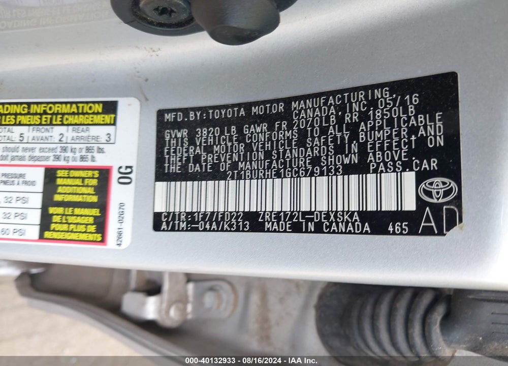 2016 TOYOTA COROLLA S VIN: 2T1BURHE1GC679133