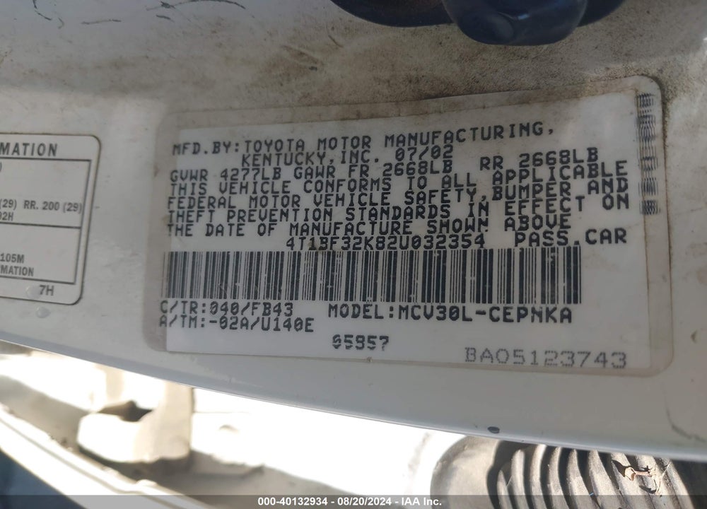 2002 TOYOTA CAMRY LE V6 VIN: 4T1BF32K82U032354
