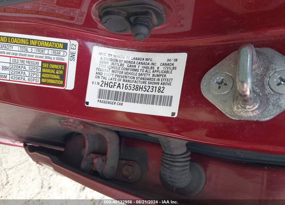 2008 HONDA CIVIC SDN LX VIN: 2HGFA16538H523182