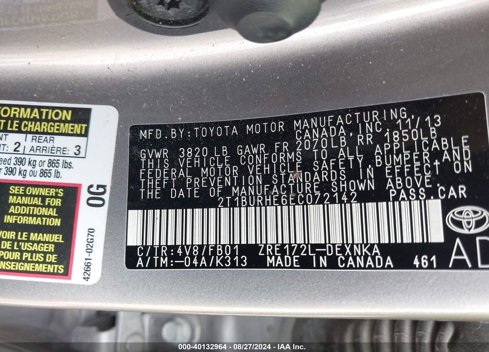 2014 TOYOTA COROLLA LE PLUS VIN: 2T1BURHE6EC072142