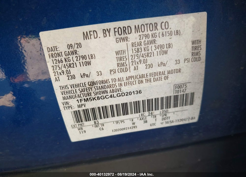 2020 FORD EXPLORER ST VIN: 1FM5K8GC4LGD20136