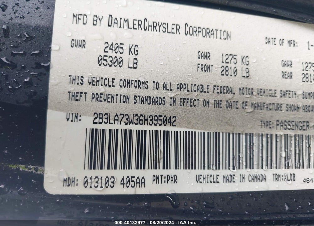2006 DODGE CHARGER SRT8 VIN: 2B3LA73W36H395042