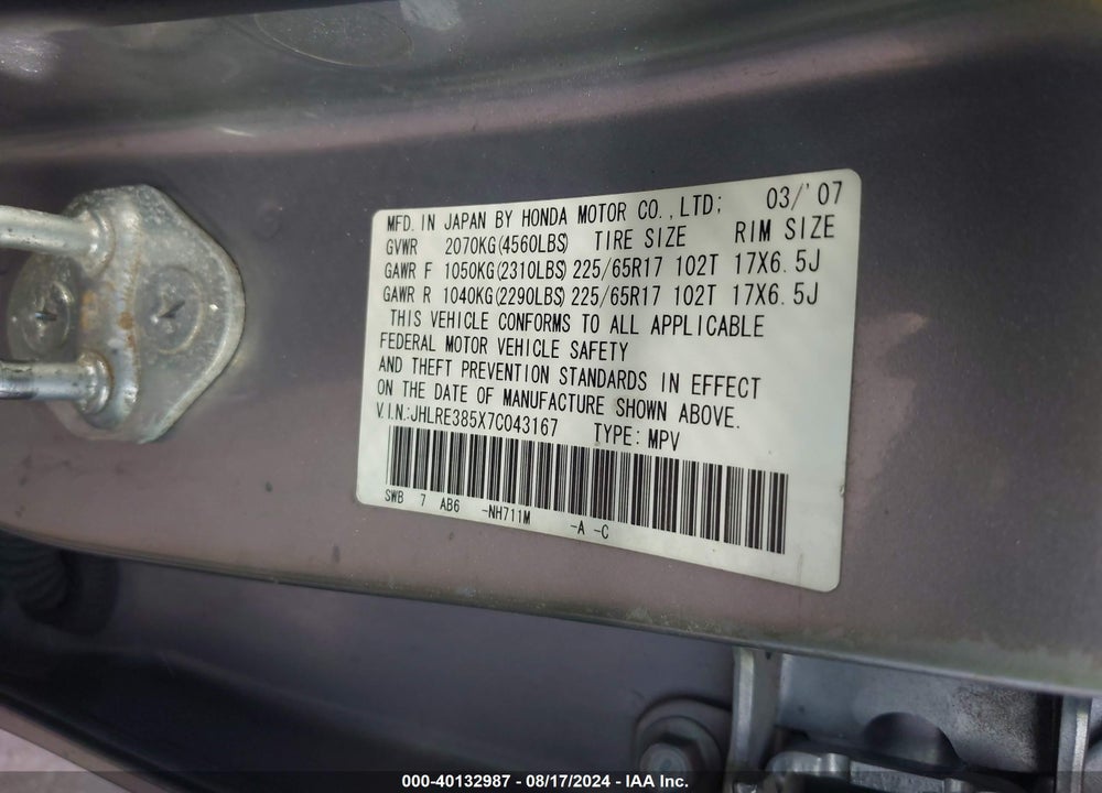 2007 HONDA CR-V VIN: JHLRE385X7C043167