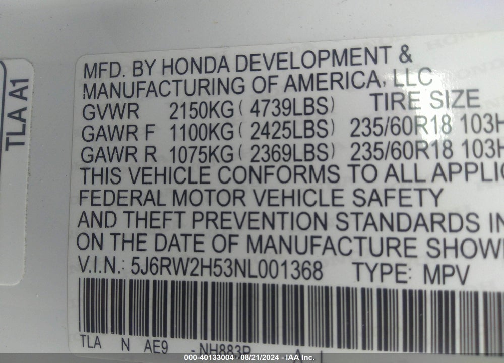 2022 HONDA CR-V AWD EX VIN: 5J6RW2H53NL001368