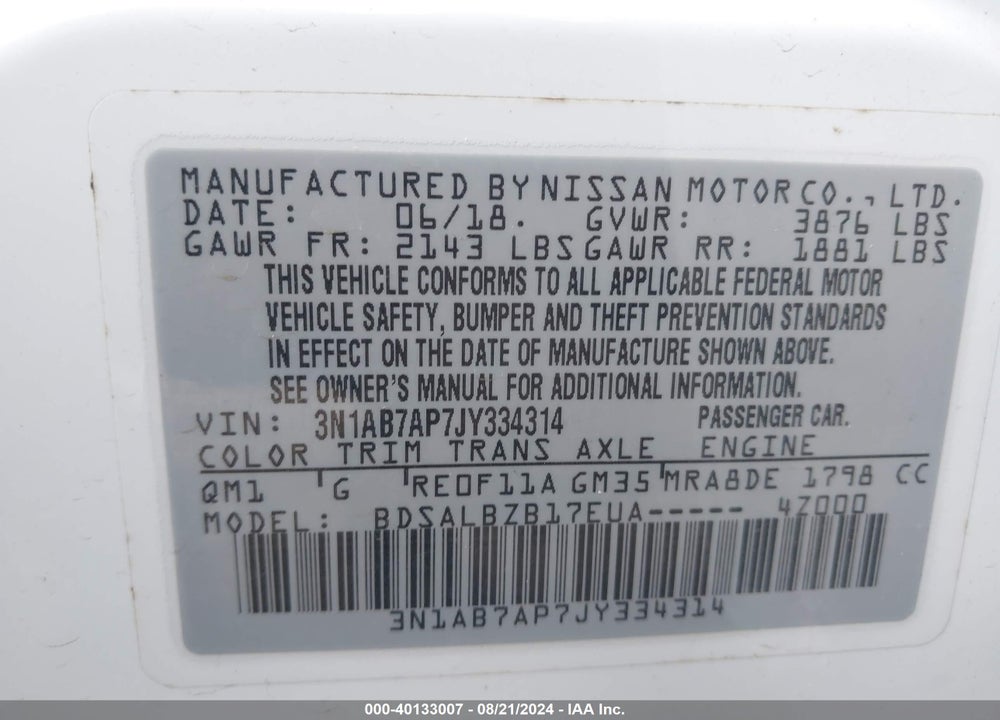 2018 NISSAN SENTRA S VIN: 3N1AB7AP7JY334314