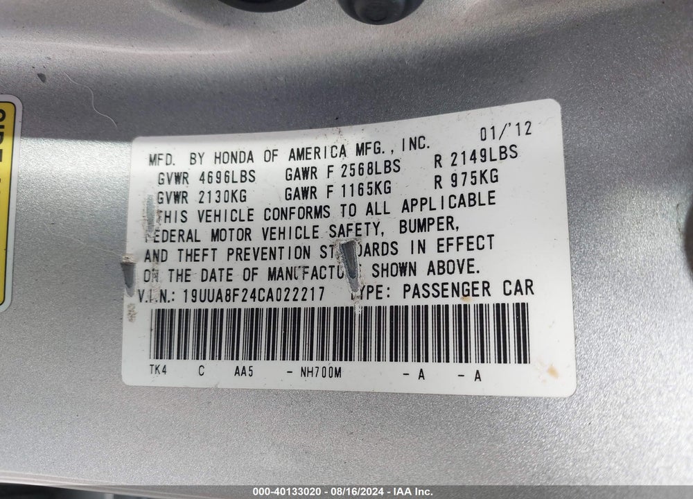 2012 ACURA TL 3.5 VIN: 19UUA8F24CA022217