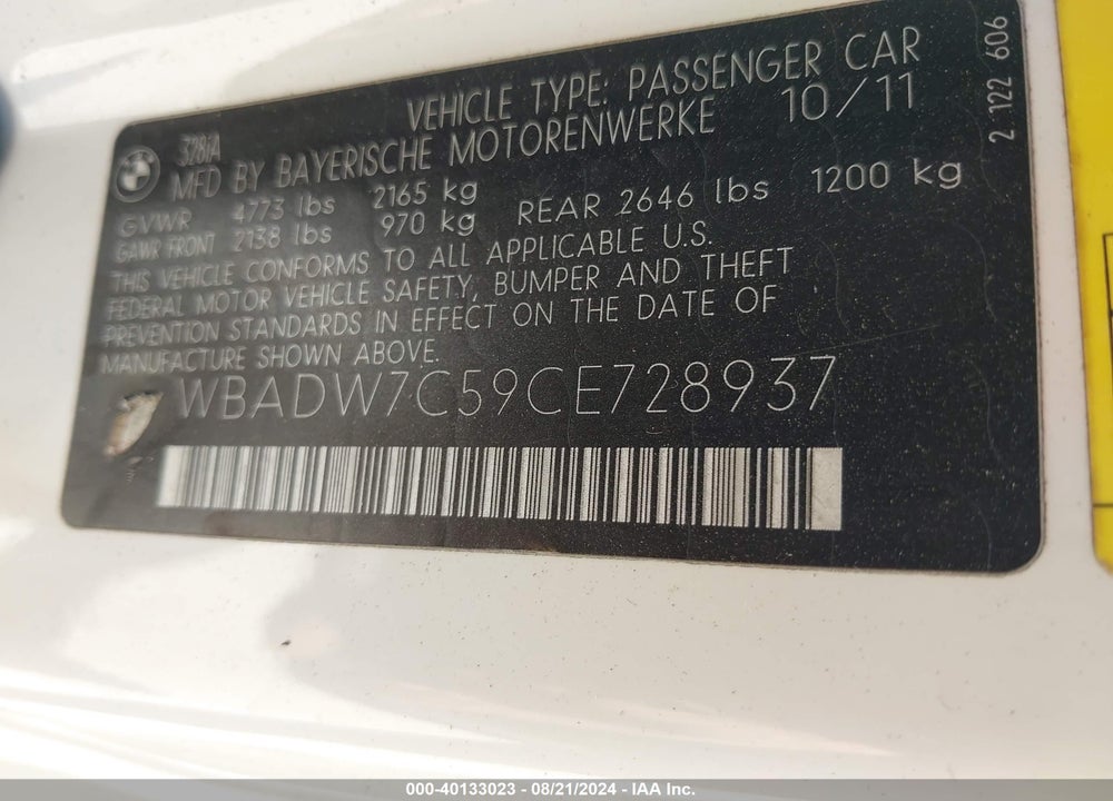 2012 BMW 328I VIN: WBADW7C59CE728937
