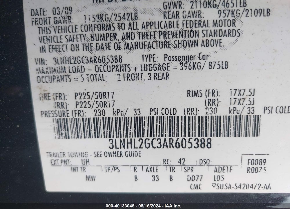 2010 LINCOLN MKZ VIN: 3LNHL2GC3AR605388