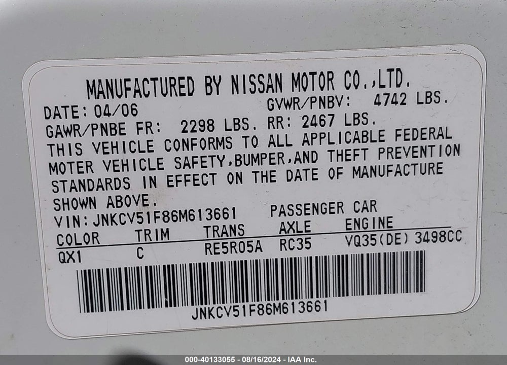 2006 INFINITI G35X VIN: JNKCV51F86M613661