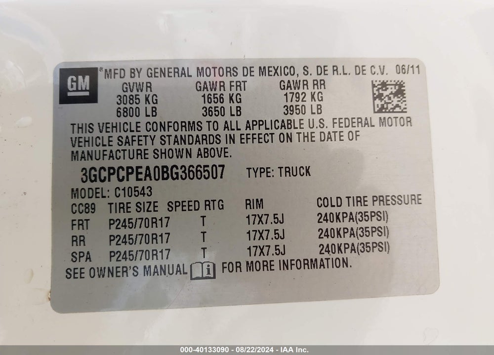 2011 CHEVROLET SILVERADO 1500 WORK TRUCK VIN: 3GCPCPEA0BG366507