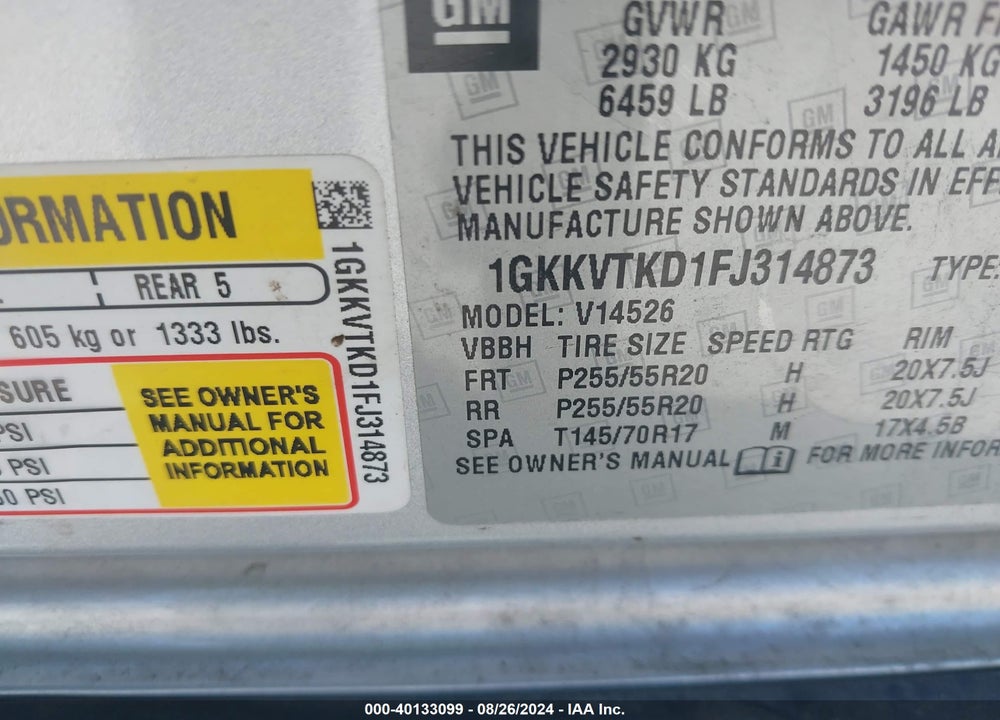 2015 GMC ACADIA DENALI VIN: 1GKKVTKD1FJ314873