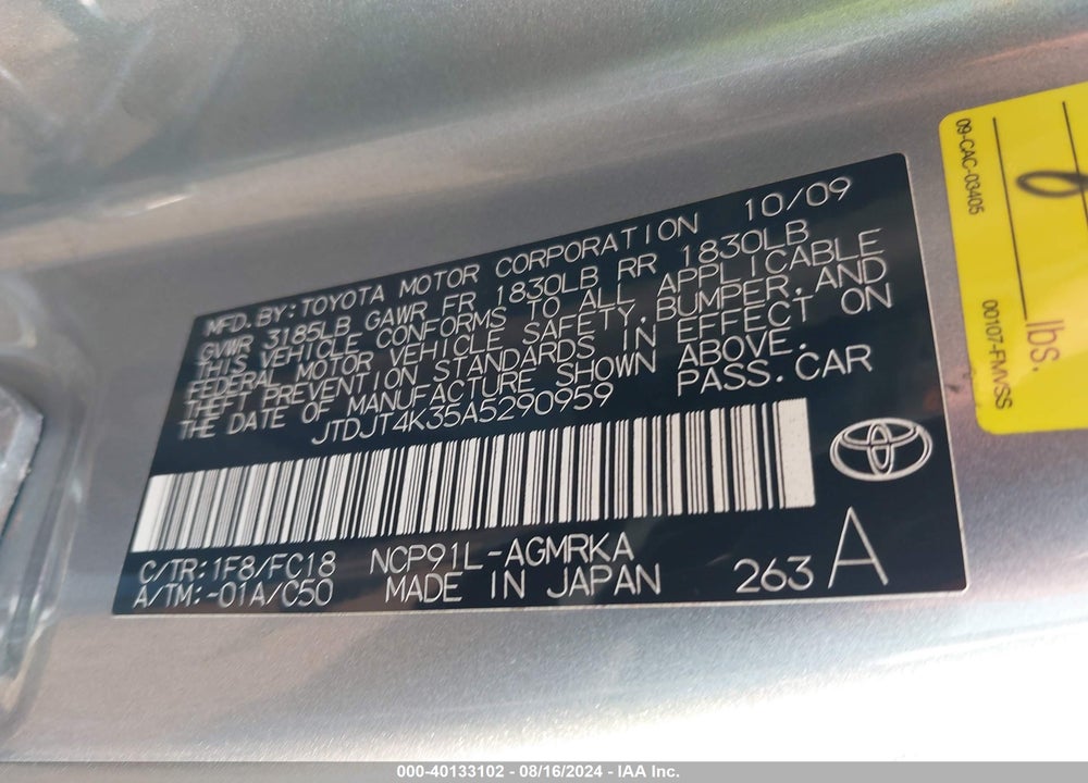 2010 TOYOTA YARIS VIN: JTDJT4K35A5290959