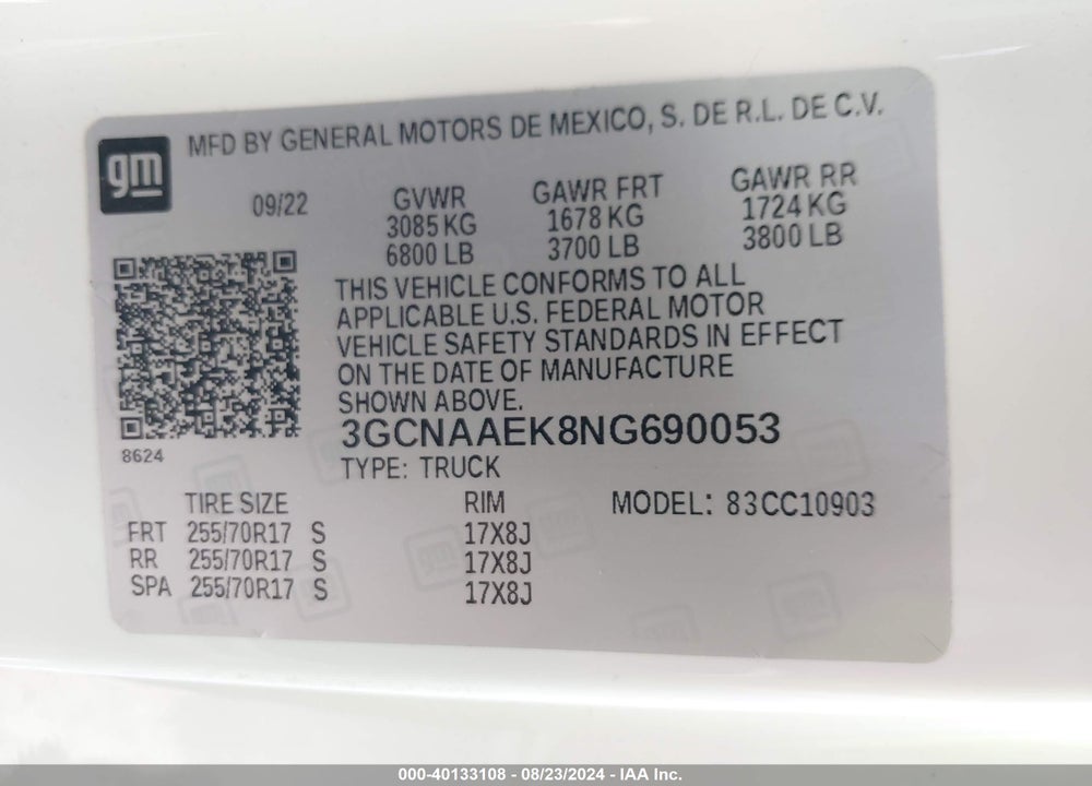 2022 CHEVROLET SILVERADO 1500 2WD REGULAR CAB LONG BED WT VIN: 3GCNAAEK8NG690053