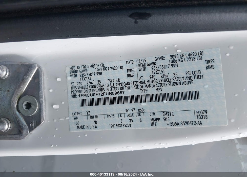 2015 FORD ESCAPE S VIN: 1FMCU0F72FUB89687