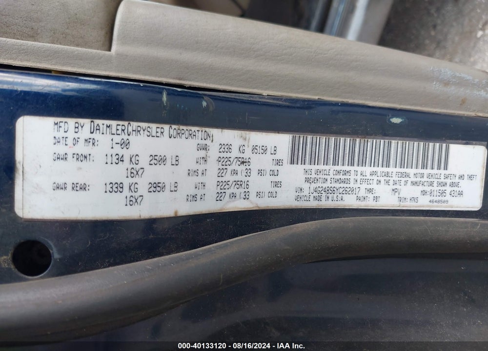 2000 JEEP GRAND CHEROKEE LAREDO VIN: 1J4G248S6YC262017