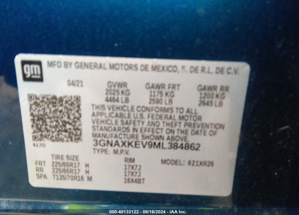 2021 CHEVROLET EQUINOX FWD LT VIN: 3GNAXKEV9ML384862