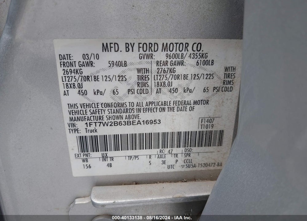 2011 FORD F-250 LARIAT VIN: 1FT7W2B63BEA16953