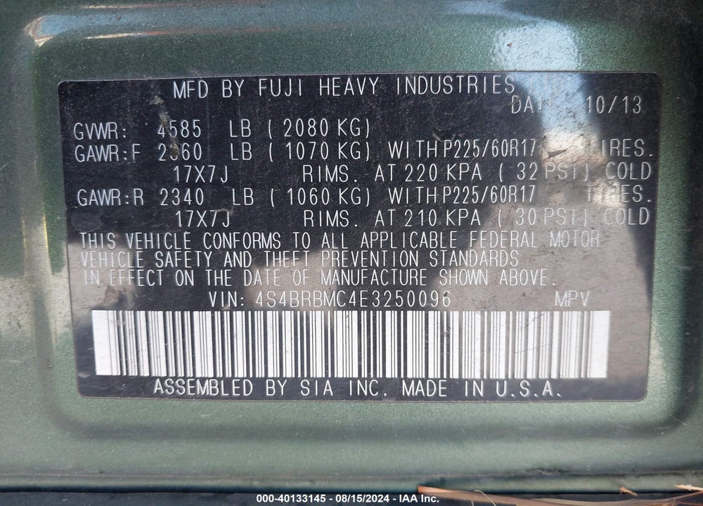 2014 SUBARU OUTBACK 2.5I LIMITED VIN: 4S4BRBMC4E3250096