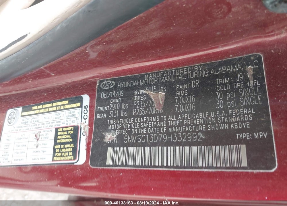 2009 HYUNDAI SANTA FE GLS VIN: 5NMSG13D79H332992