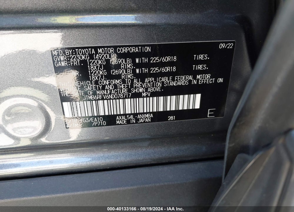 2022 TOYOTA RAV4 HYBRID XLE PREMIUM VIN: JTMB6RFV6ND078717
