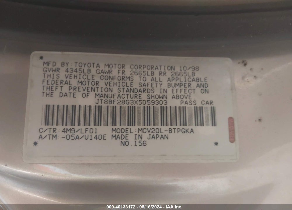 1999 LEXUS ES 300 VIN: JT8BF28G3X5059303