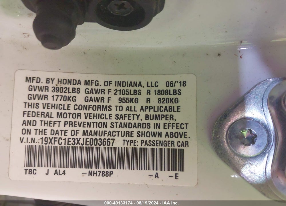 2018 HONDA CIVIC EX-T VIN: 19XFC1E3XJE003667