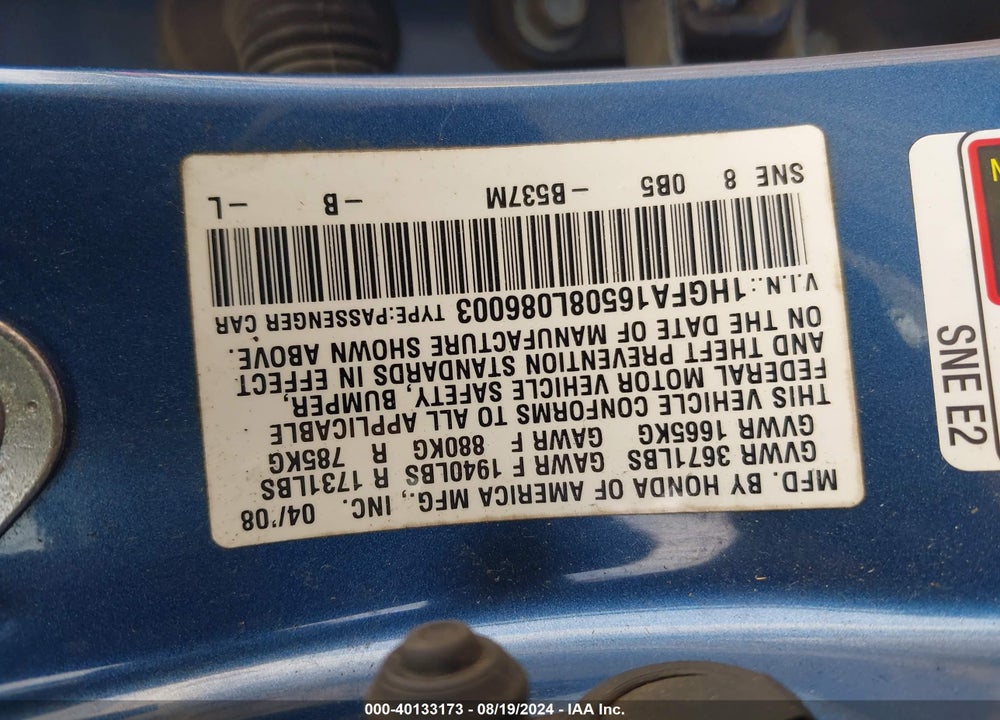 2008 HONDA CIVIC SDN LX VIN: 1HGFA16508L086003