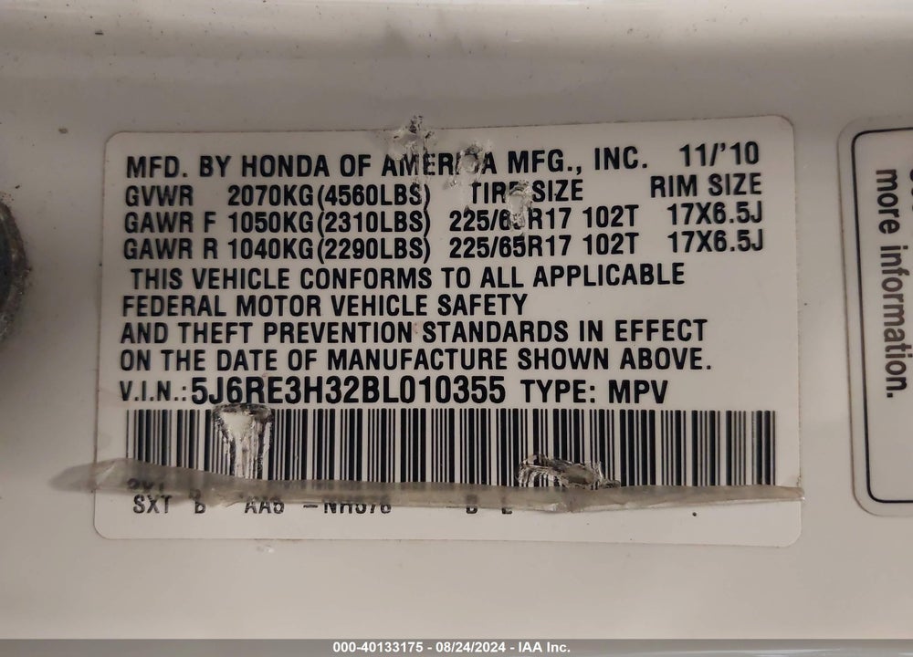 2011 HONDA CR-V LX VIN: 5J6RE3H32BL010355