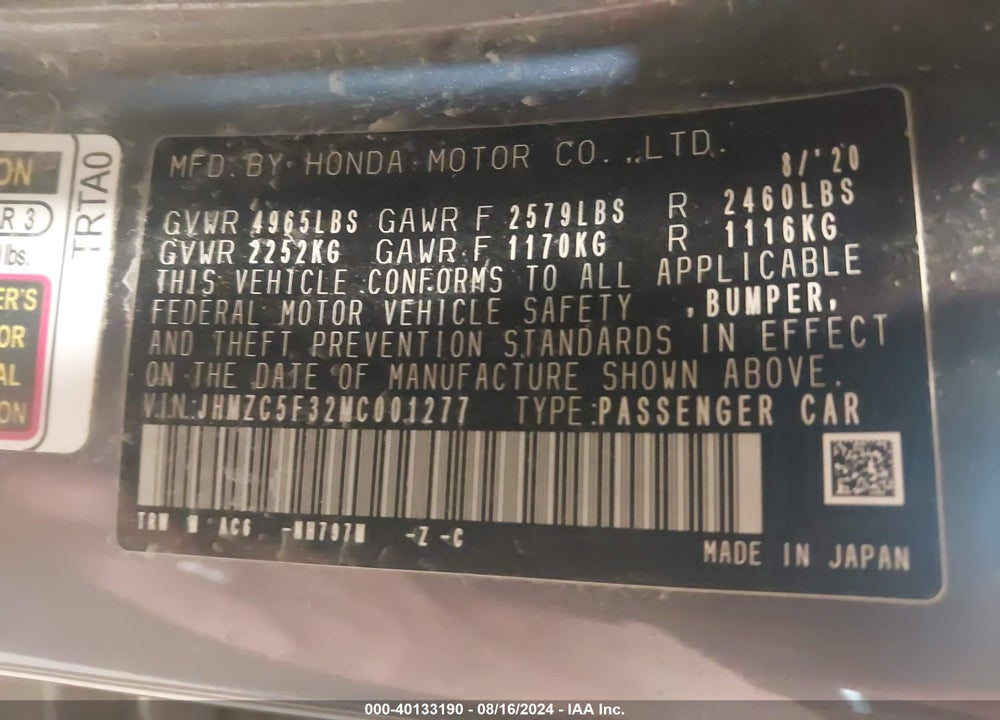 2021 HONDA CLARITY PLUG-IN HYBRID TOURING VIN: JHMZC5F32MC001277