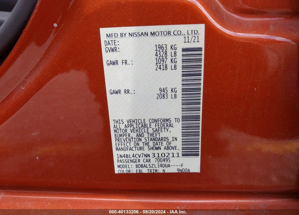 2022 NISSAN ALTIMA SR FWD VIN: 1N4BL4CV7NN310211