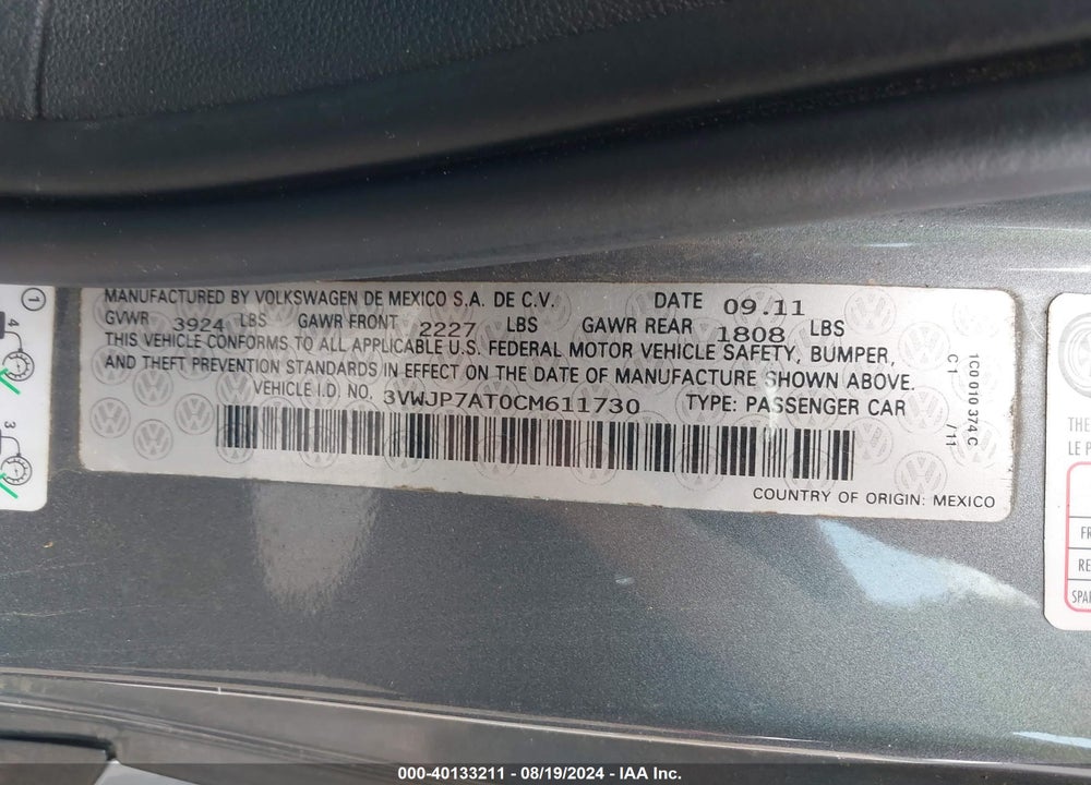 2012 VOLKSWAGEN BEETLE 2.5L VIN: 3VWJP7AT0CM611730