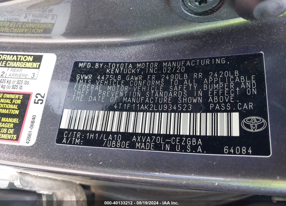 2020 TOYOTA CAMRY XLE VIN: 4T1F11AK2LU934523