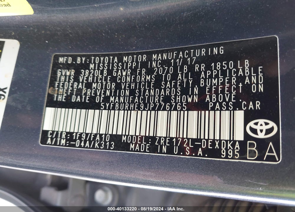 2018 TOYOTA COROLLA L VIN: 5YFBURHE9JP776765