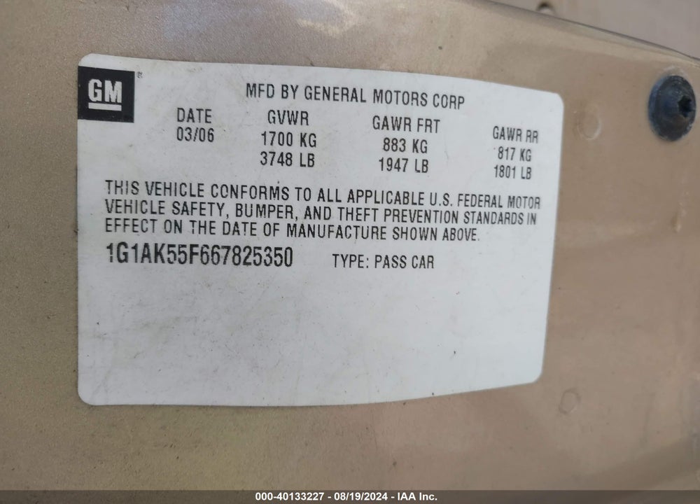 2006 CHEVROLET COBALT LS VIN: 1G1AK55F667825350