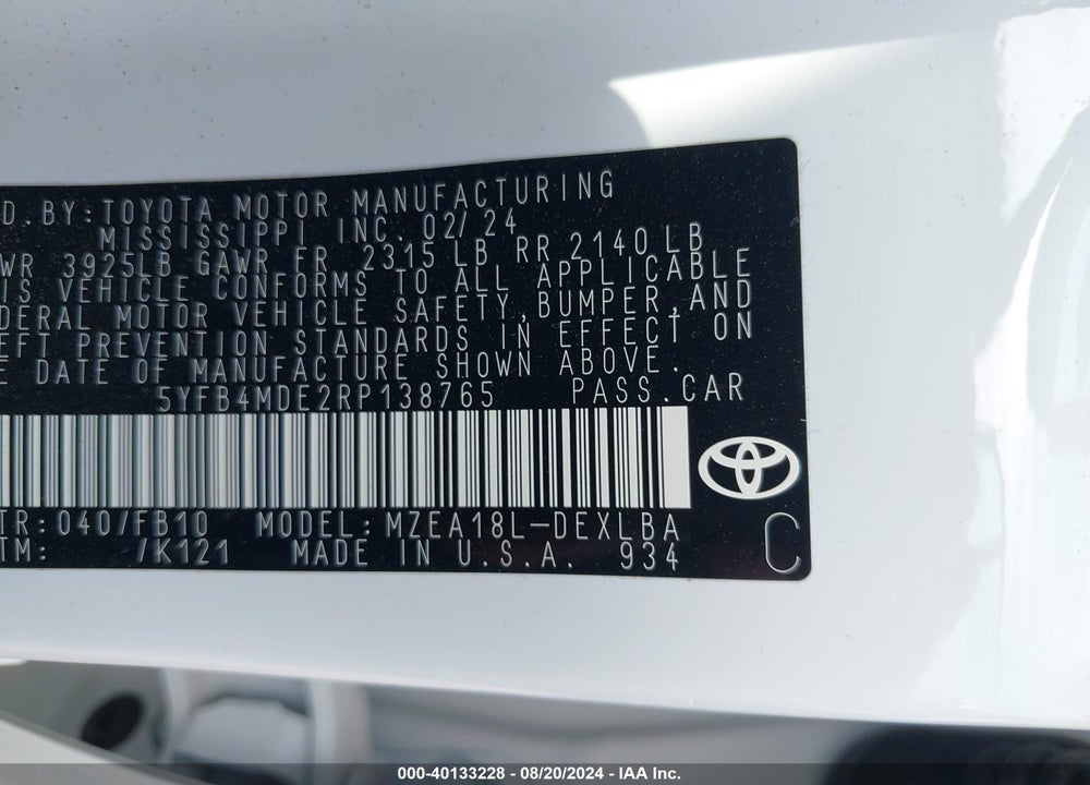 2024 TOYOTA COROLLA LE VIN: 5YFB4MDE2RP138765