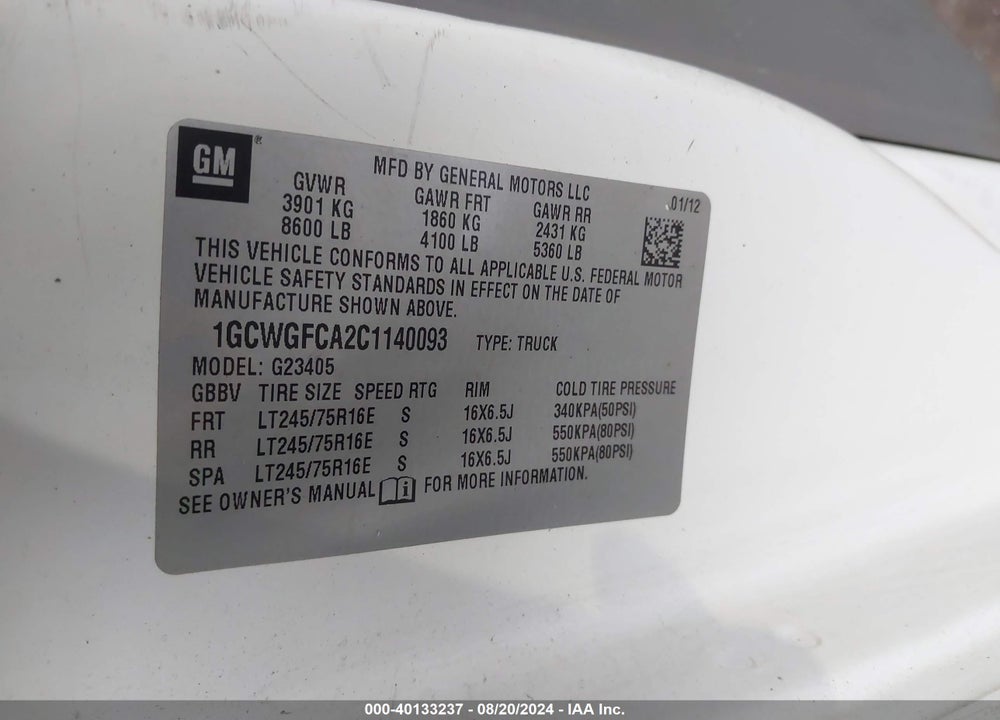 2012 CHEVROLET EXPRESS 2500 WORK VAN VIN: 1GCWGFCA2C1140093