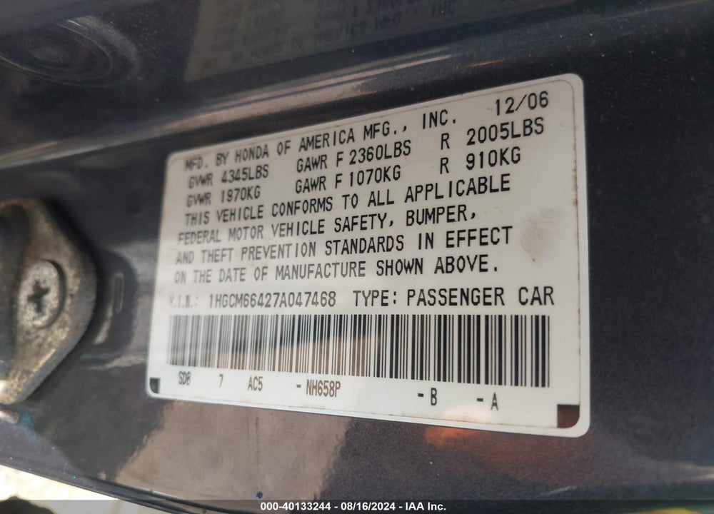 2007 HONDA ACCORD 3.0 SE VIN: 1HGCM66427A047468