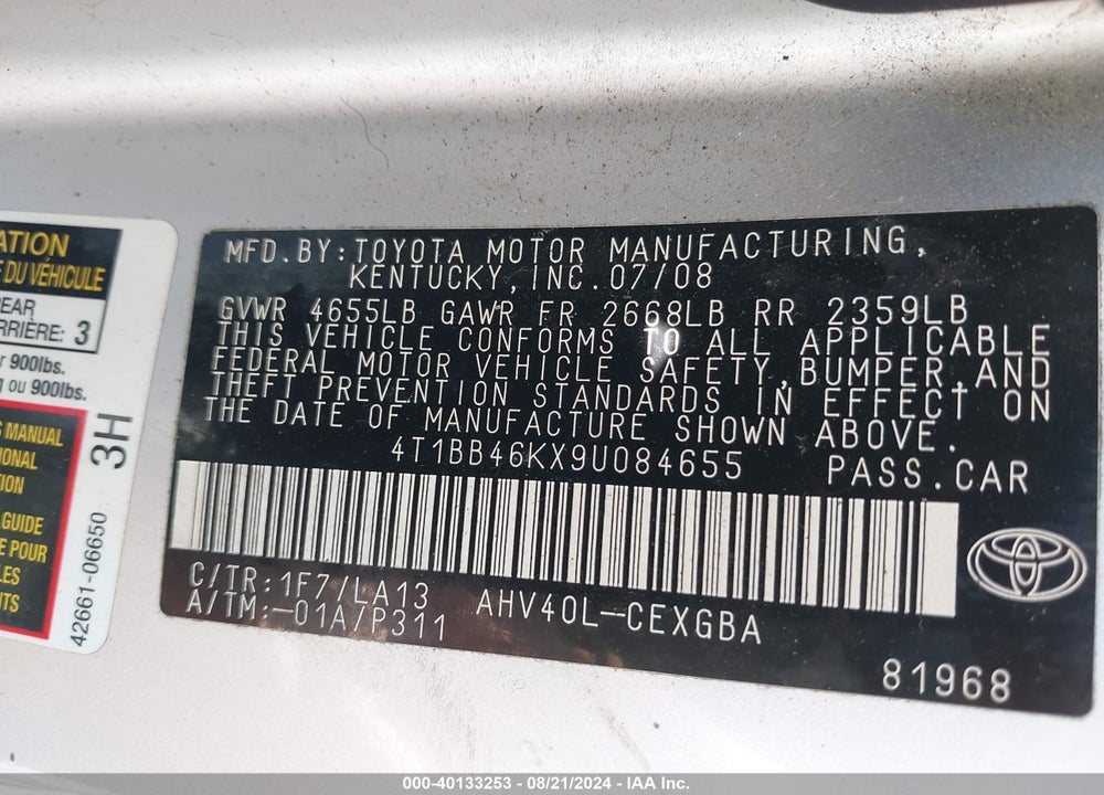 2009 TOYOTA CAMRY HYBRID VIN: 4T1BB46KX9U084655