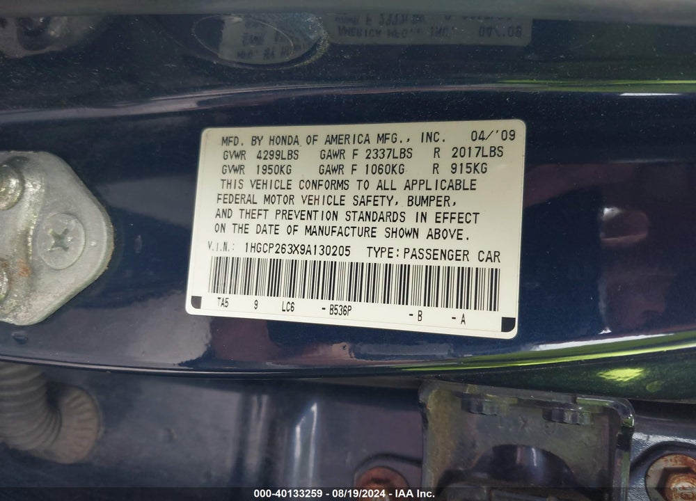 2009 HONDA ACCORD 2.4 LX VIN: 1HGCP263X9A130205