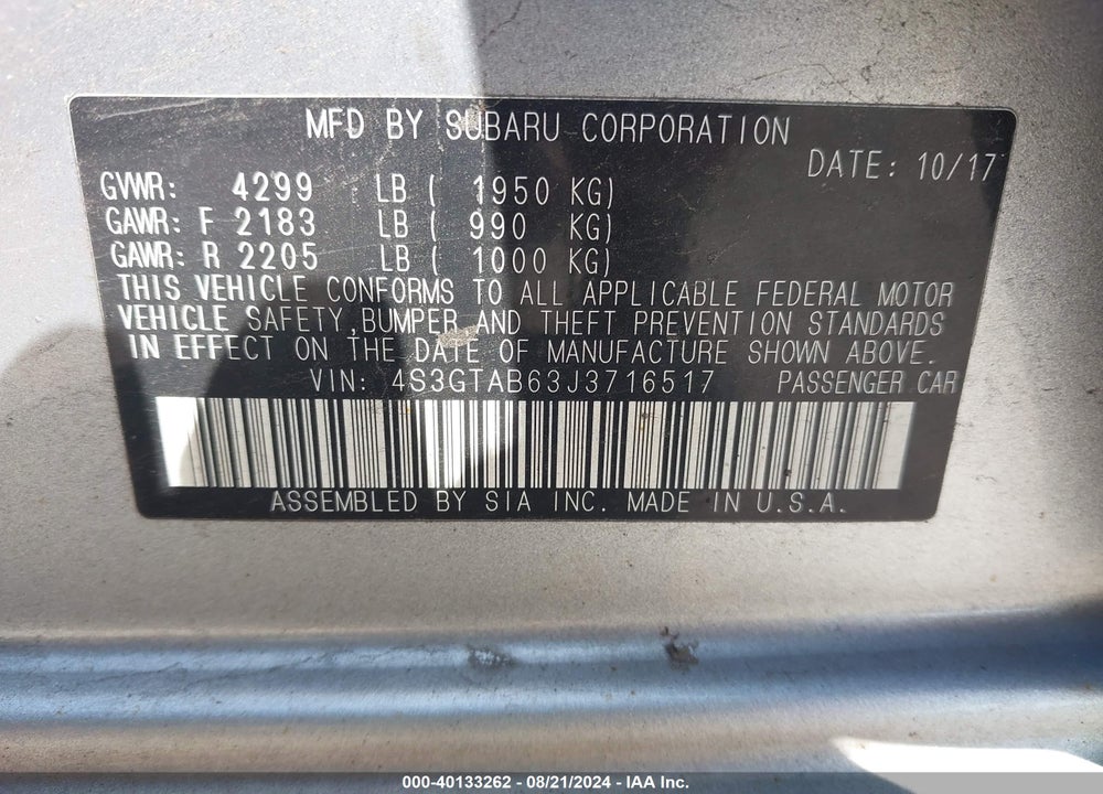 2018 SUBARU IMPREZA VIN: 4S3GTAB63J3716517